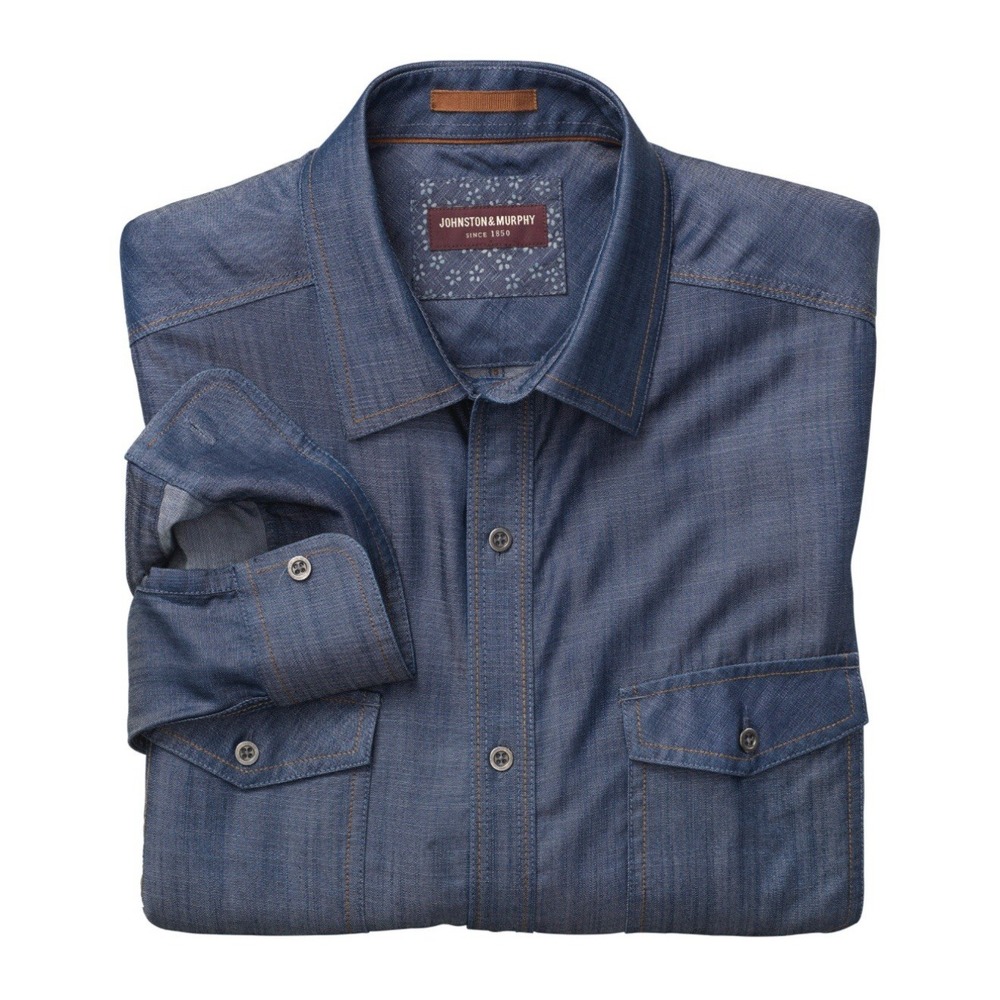Johnston Murphy Double-Pocket‎ Denim Button Down Shirt Casual XXL EUC. MSRP $98